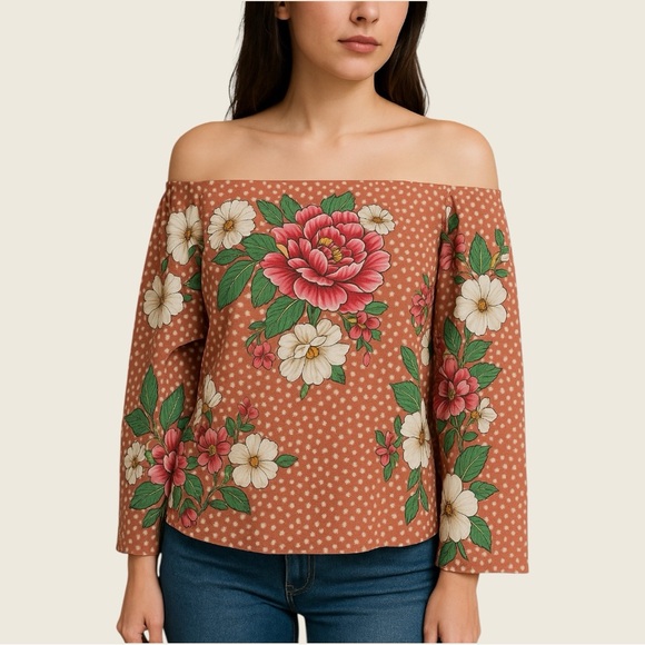 Farm Rio Rare Boho Off Shoulder Bell Sleeves Star Floral Tropical Blouse Sz S. - Picture 1 of 6